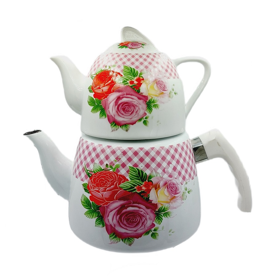 Czajnik emaliowany z porcelanową górą z kwiatowym wzorem Czajnik emaliowany z porcelanową górą z kwiatowym wzorem